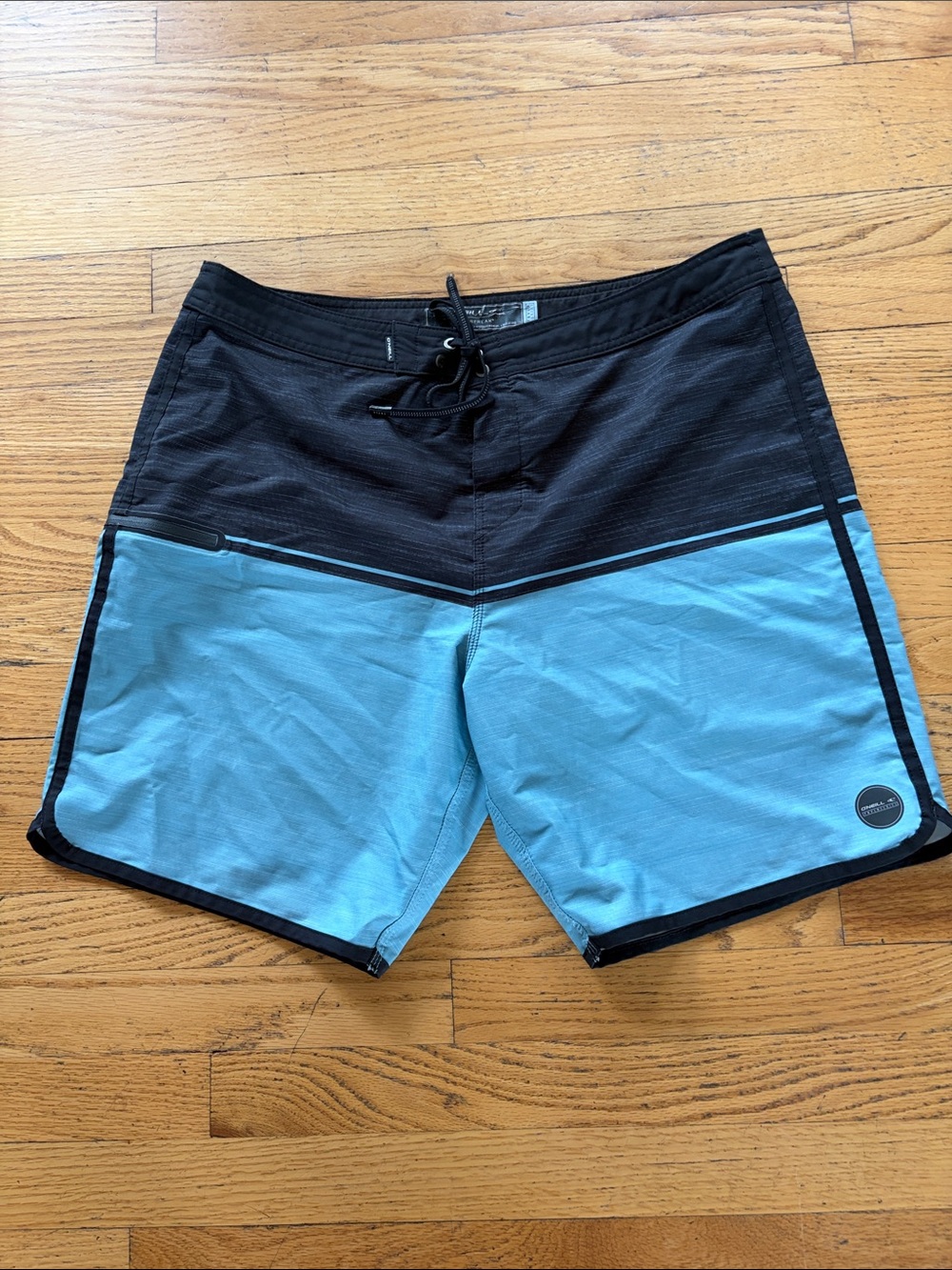 O'Neill Black and Light Blue Colorblock Swim Board Shorts
